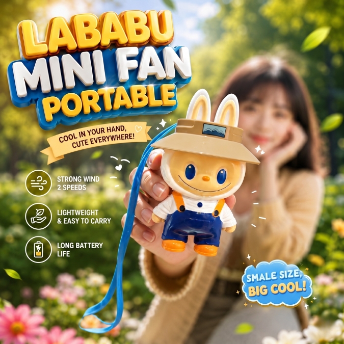 Labubu Kipas Mini Portable dengan Tali Gantung USB Rechargeable