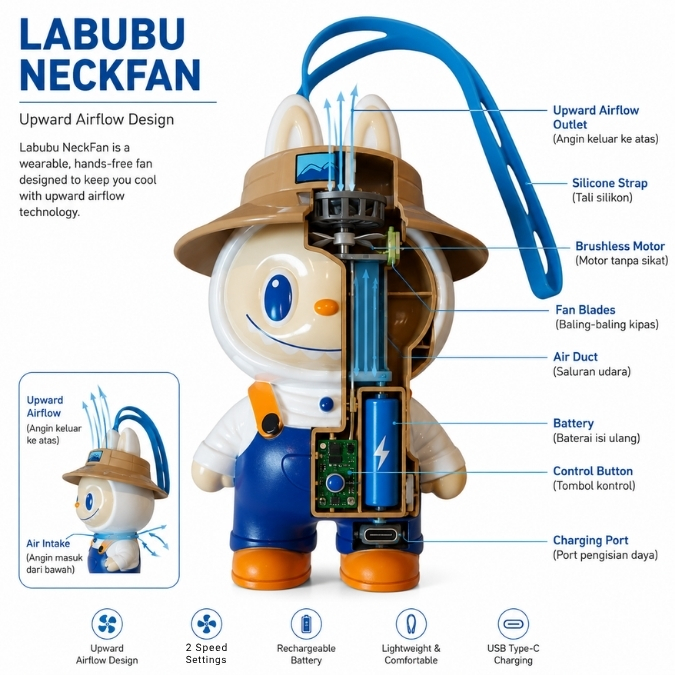 Labubu Kipas Mini Portable dengan Tali Gantung USB Rechargeable