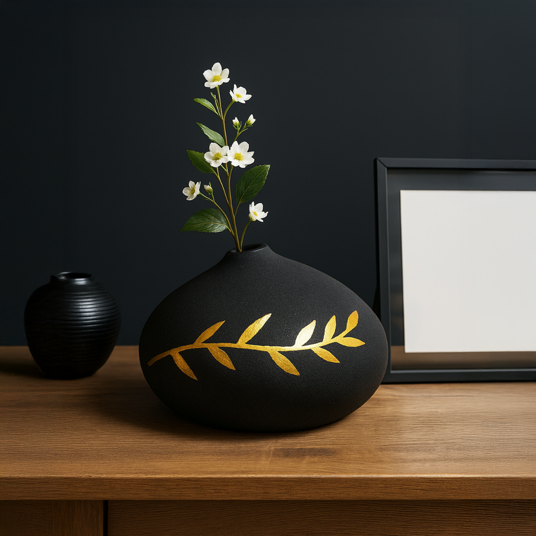 Vas Dekoratif Batu Hitam Motif Emas