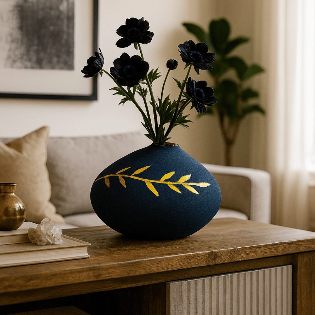 Vas Dekoratif Batu Hitam Motif Emas