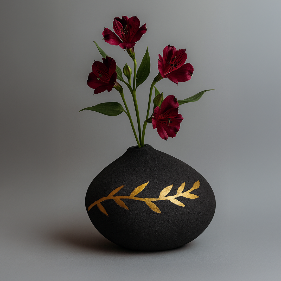 Vas Dekoratif Batu Hitam Motif Emas