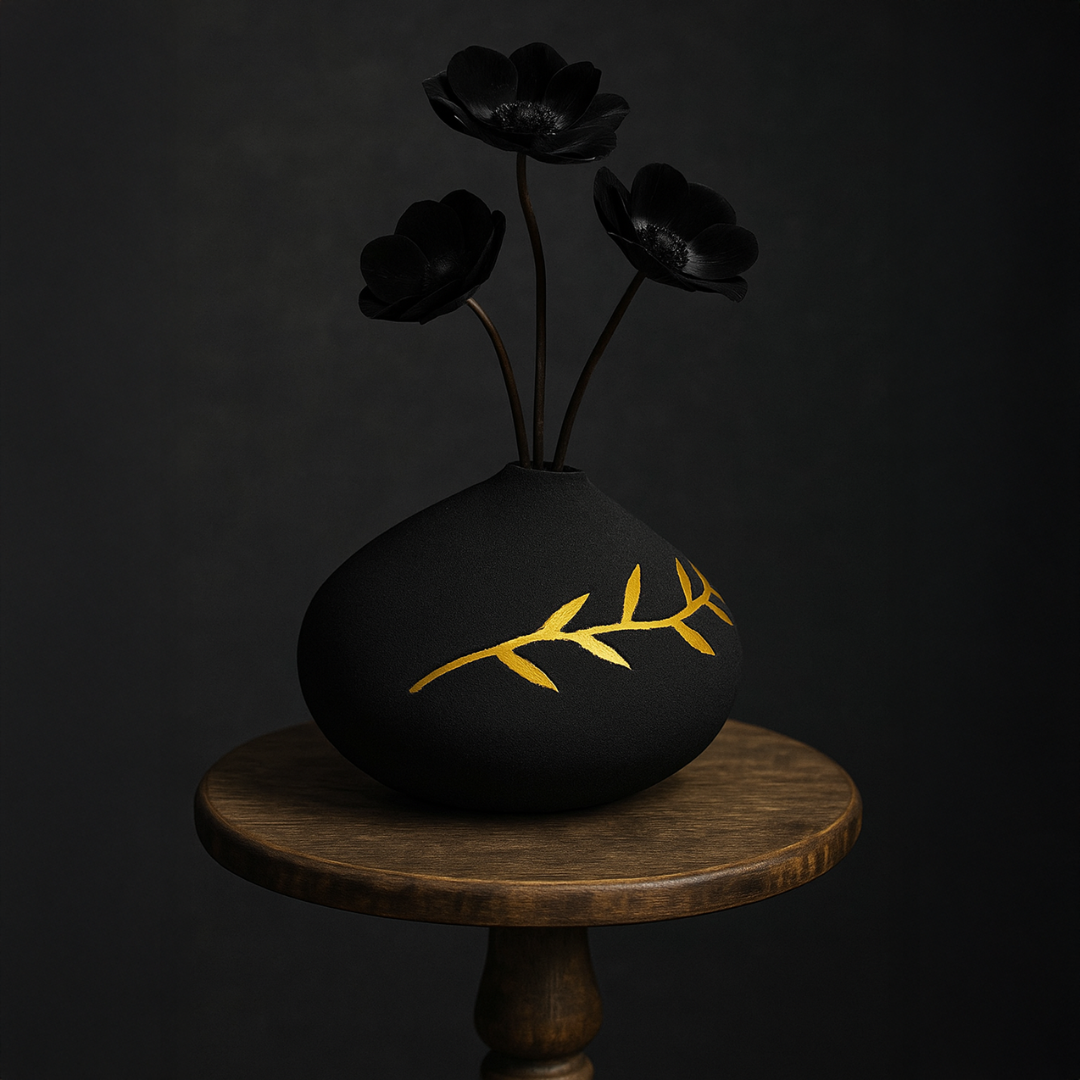 Vas Dekoratif Batu Hitam Motif Emas