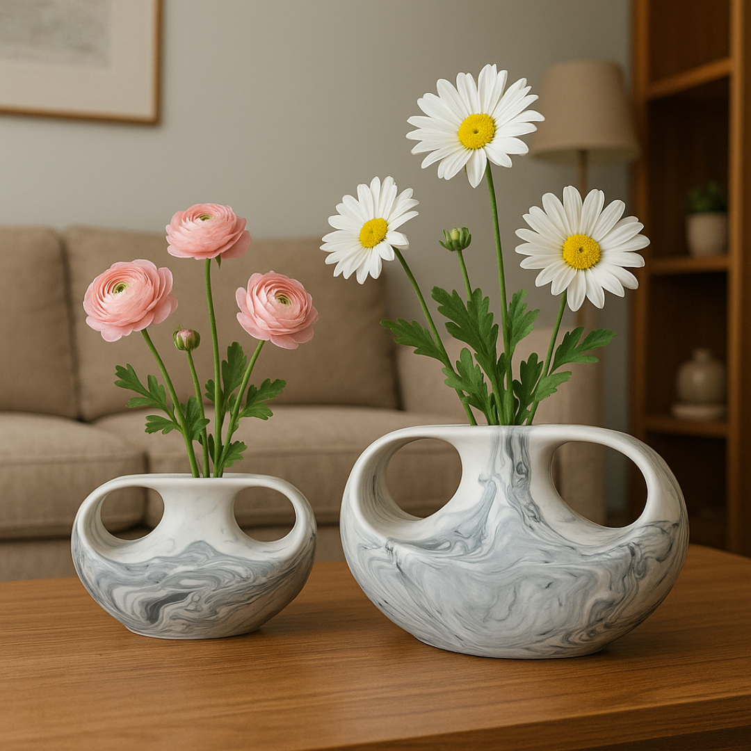 Vas Keramik Motif Marble 2 Handle Dekorasi Minimalis Elegant