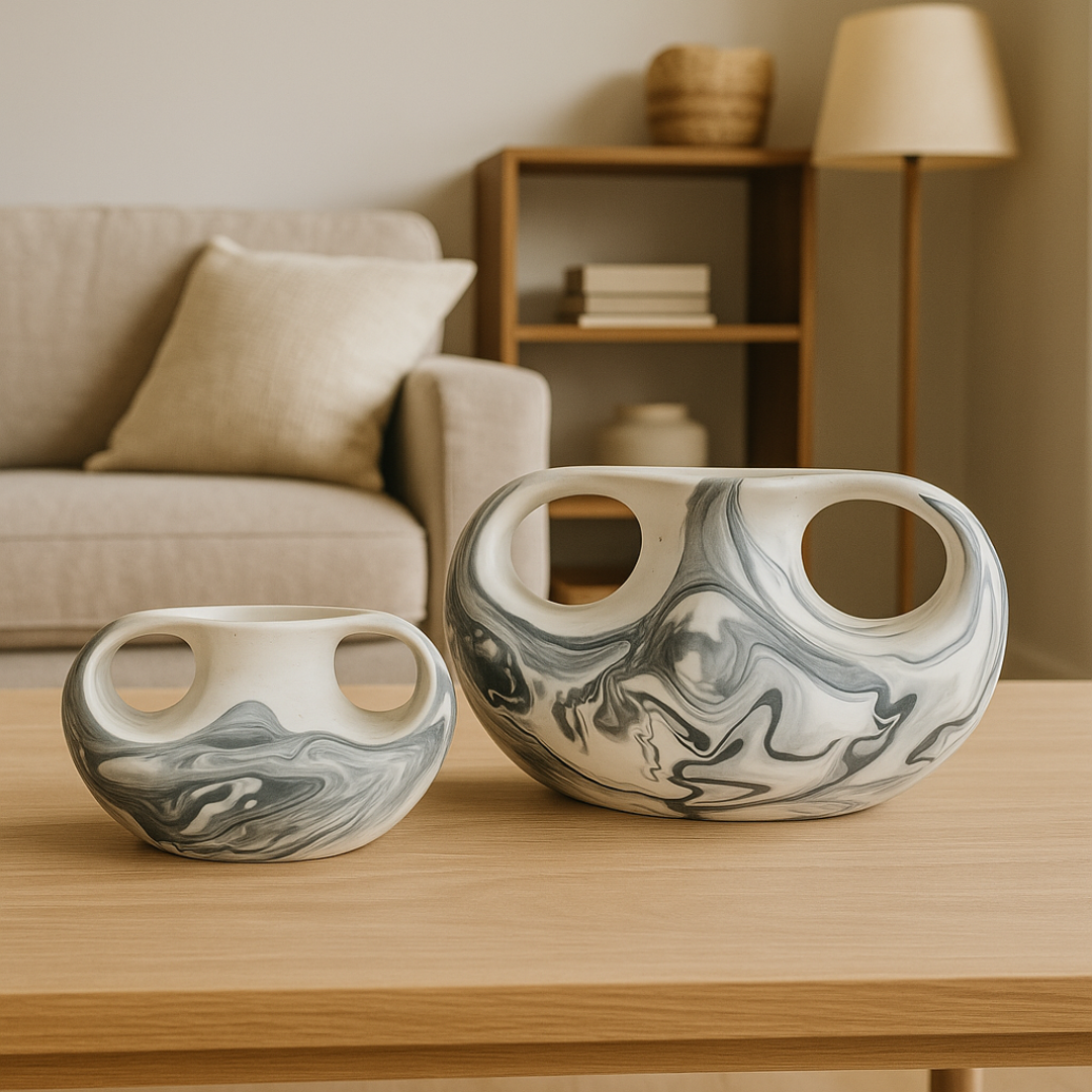 Vas Keramik Motif Marble 2 Handle Dekorasi Minimalis Elegant