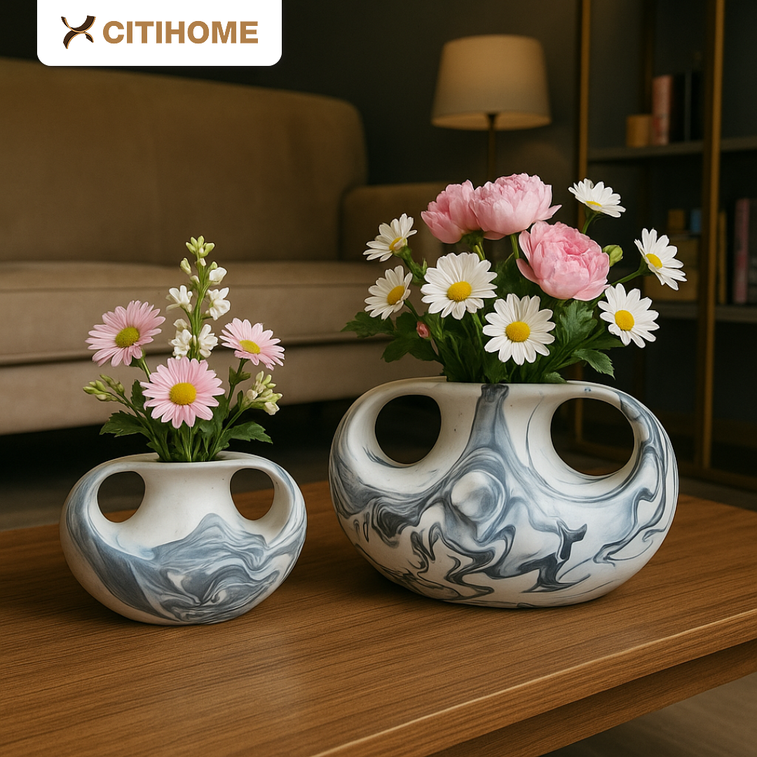 Vas Keramik Motif Marble 2 Handle Dekorasi Minimalis Elegant
