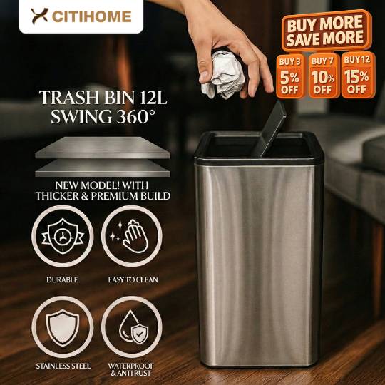 Tempat Sampah Stainless Steel 12L dengan Tutup Swing dan Bucket Dalam
