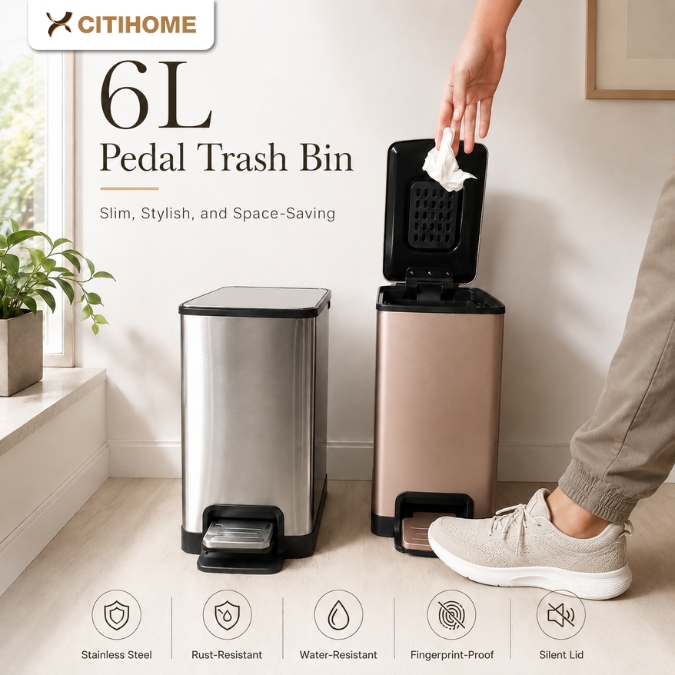 Tempat Sampah Pedal Stainless Steel 6L Silver Gold Soft Close Anti Bau
