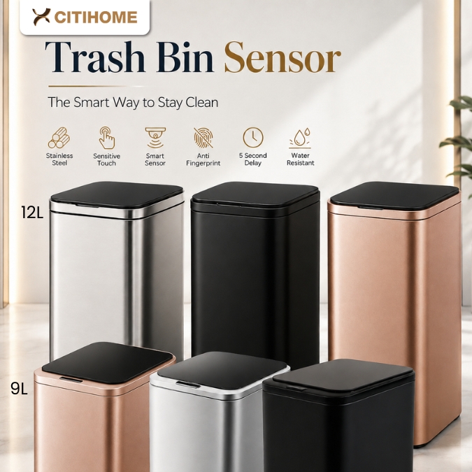 Tempat Sampah Sensor Tangan Otomatis Stainless Steel Desain Modern Anti Karat dan Tahan Air