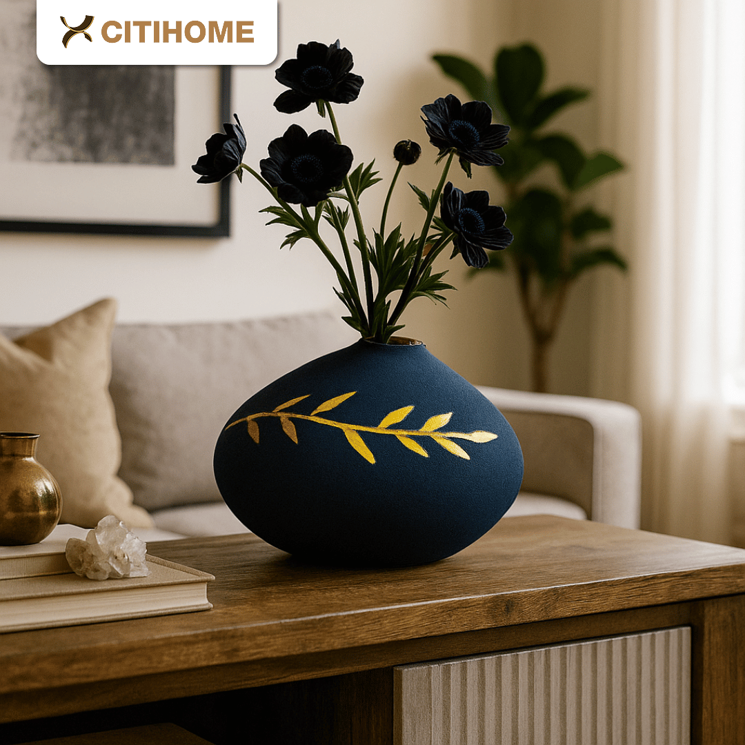 Vas Dekoratif Batu Hitam Motif Emas