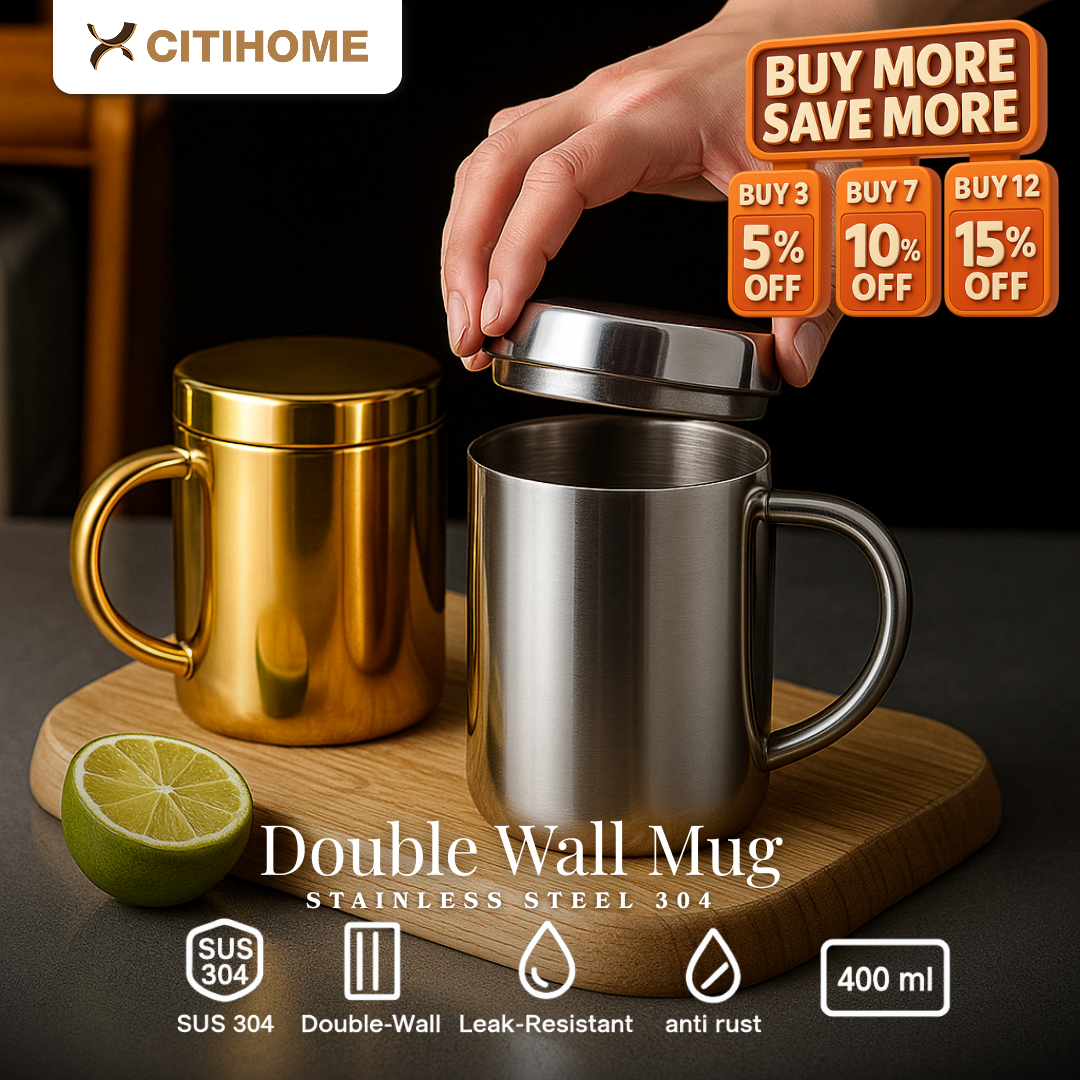 Mug Stainless Steel 304 Double Wall 400ml dengan Tutup Anti Tumpah Tahan Panas