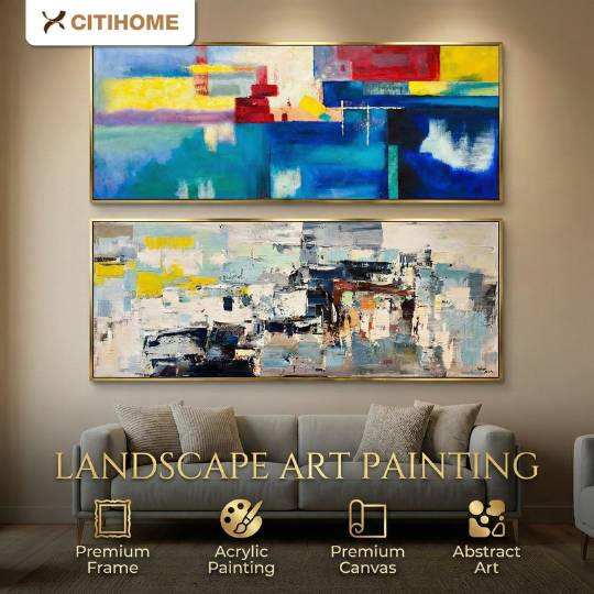 Lukisan Dinding Landscape Abstrak Premium Canvas Frame Gold Wall Art Dekorasi Ruang Tamu