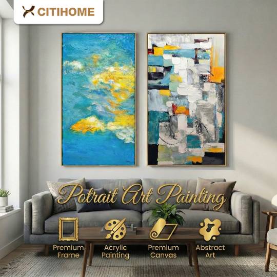 Lukisan Abstrak Modern Premium Canvas Painting Frame Gold Dekorasi Dinding Ruang Tamu