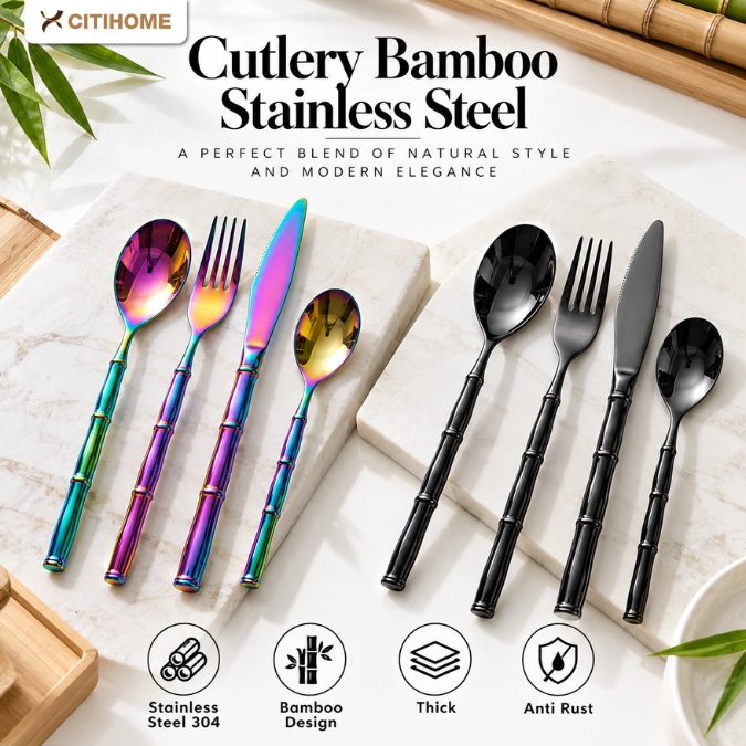 Set Sendok Garpu Stainless Steel 304 Motif Bambu Premium Alat Makan 4 Pcs