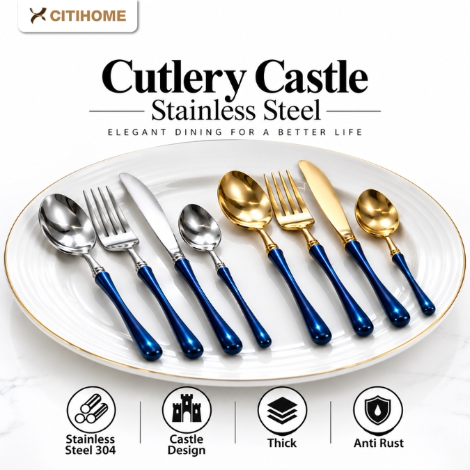 Set Sendok Garpu Pisau Stainless Steel 304 4pcs Gagang Tebal Bulat Gold Silver Premium