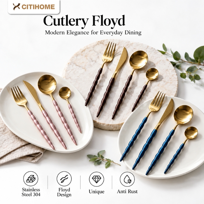 Set Sendok Garpu Pisau Stainless Steel 304 Gagang Bergelombang Gold 4pcs Premium