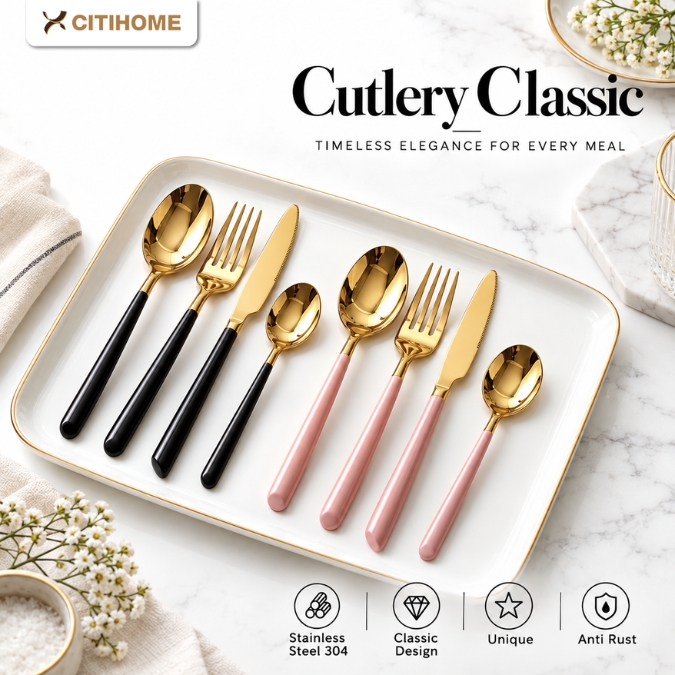 Set Sendok Garpu Pisau Stainless Steel 304 Gold 4pcs Gagang Lurus Classic Premium