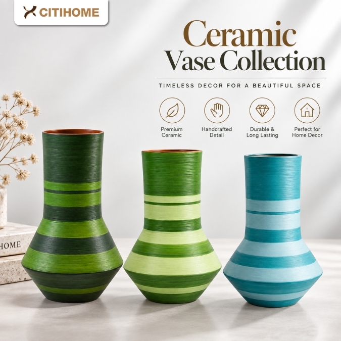 Vas Bunga Keramik Besar Modern Motif Garis Dekorasi Ruang Tamu Estetik