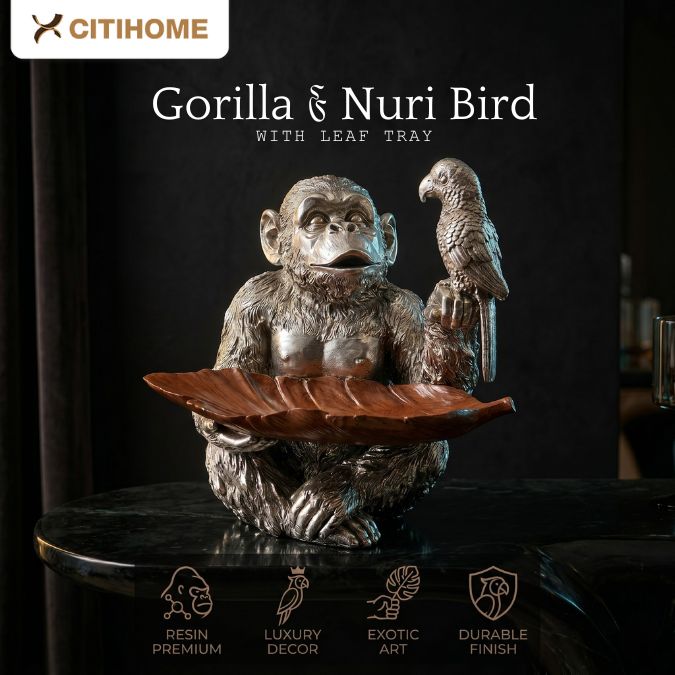 Patung Gorila dengan Burung Nuri Silver dan Daun Resin Unik