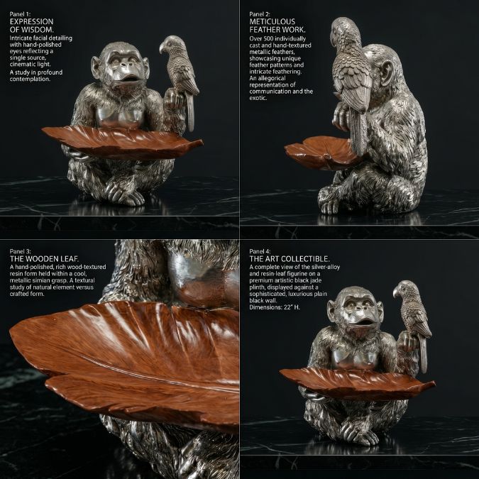 Patung Gorila dengan Burung Nuri Silver dan Daun Resin Unik