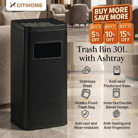 Tempat Sampah Stainless Steel 30L dengan Asbak dan Tutup Anti Bau