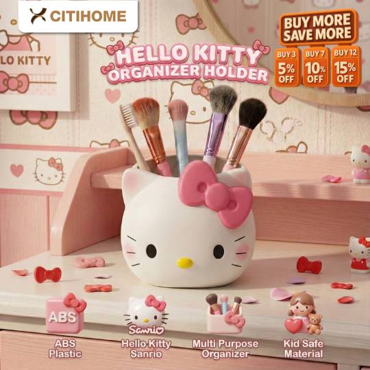 Tempat Pensil Hello Kitty Organizer Meja ABS Plastik Pink Putih Lucu Multifungsi