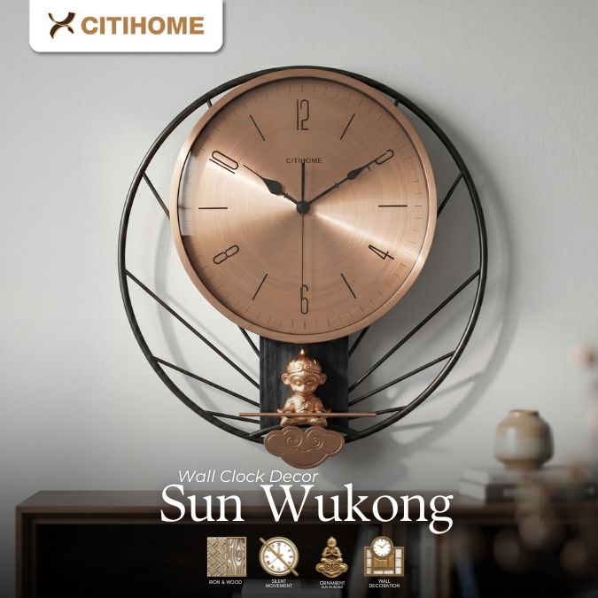 Jam Dinding Analog Silent Sweep Movement Analog Desain Elegan dengan Patung Kera Sakti Sun Go Kong