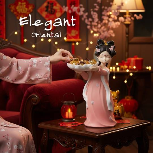 Patung Dekorasi Meja Wanita Oriental dengan Nampan Bunga