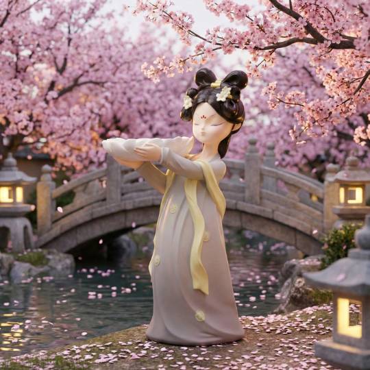Patung Dekorasi Meja Wanita Oriental dengan Nampan Bunga