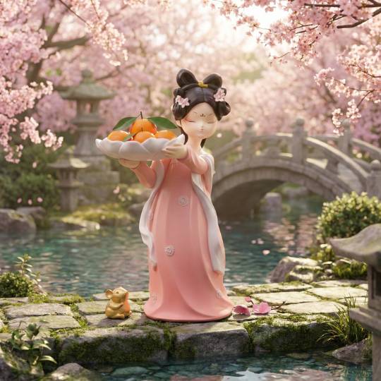 Patung Dekorasi Meja Wanita Oriental dengan Nampan Bunga