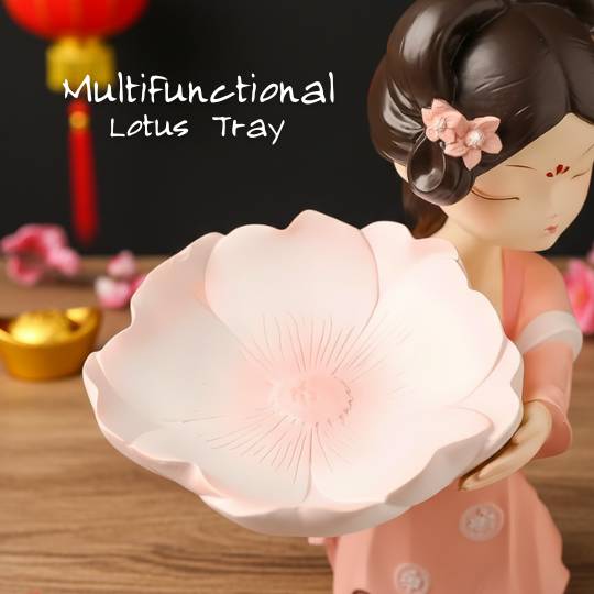 Patung Dekorasi Meja Wanita Oriental dengan Nampan Bunga