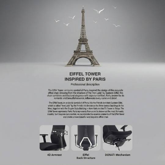 Kursi Kantor Ergonomis 4D Armrests & Headrest Desain Eiffel Paris