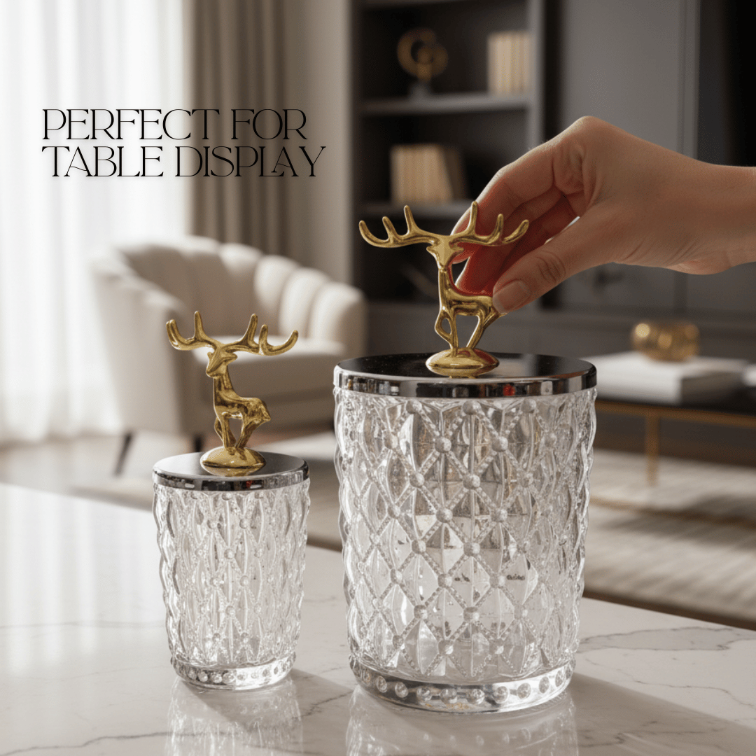 Toples Kaca Kristal Mewah dengan Penutup Rusa Emas