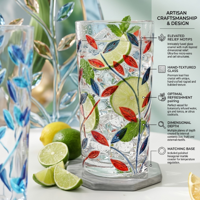 Gelas Kaca Tebal 355ml Desain Daun Floral