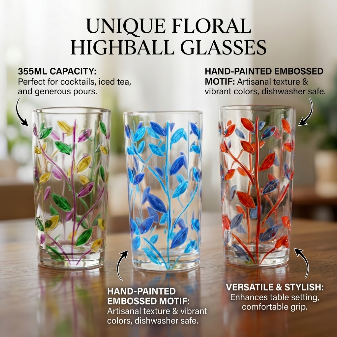 Gelas Kaca Tebal 355ml Desain Daun Floral