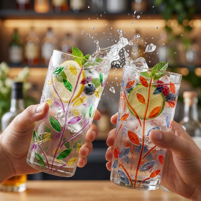 Gelas Kaca Tebal 355ml Desain Daun Floral