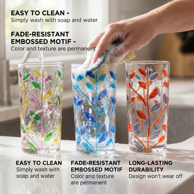 Gelas Kaca Tebal 355ml Desain Daun Floral