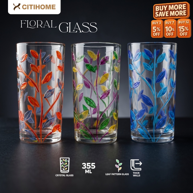Gelas Kaca Tebal 355ml Desain Daun Floral