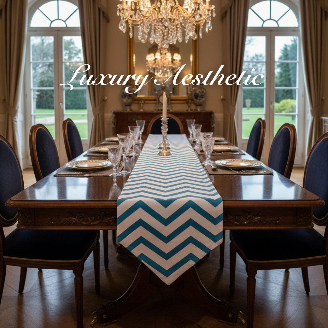 Table Runner dan Bed Runner Chevron Minimalis Hitam Toska