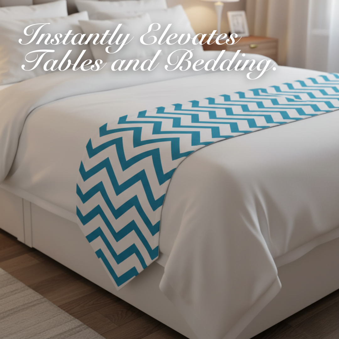 Table Runner dan Bed Runner Chevron Minimalis Hitam Toska