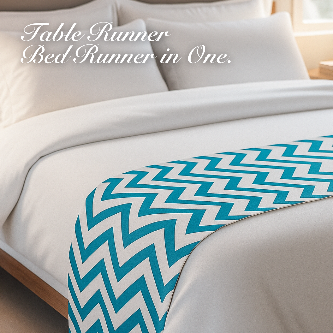 Table Runner dan Bed Runner Chevron Minimalis Hitam Toska