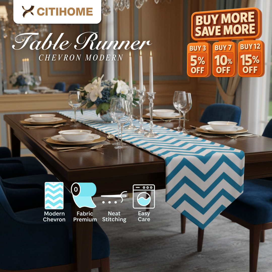 Table Runner dan Bed Runner Chevron Minimalis Hitam Toska